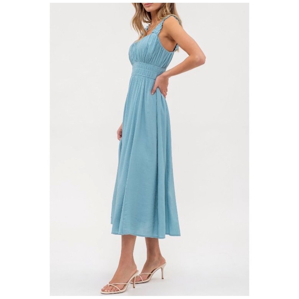 August Sky Maxi Dress Small Smocked Bodice Square Neck Milkmaid Teal Blue - Picture 7 of 9
